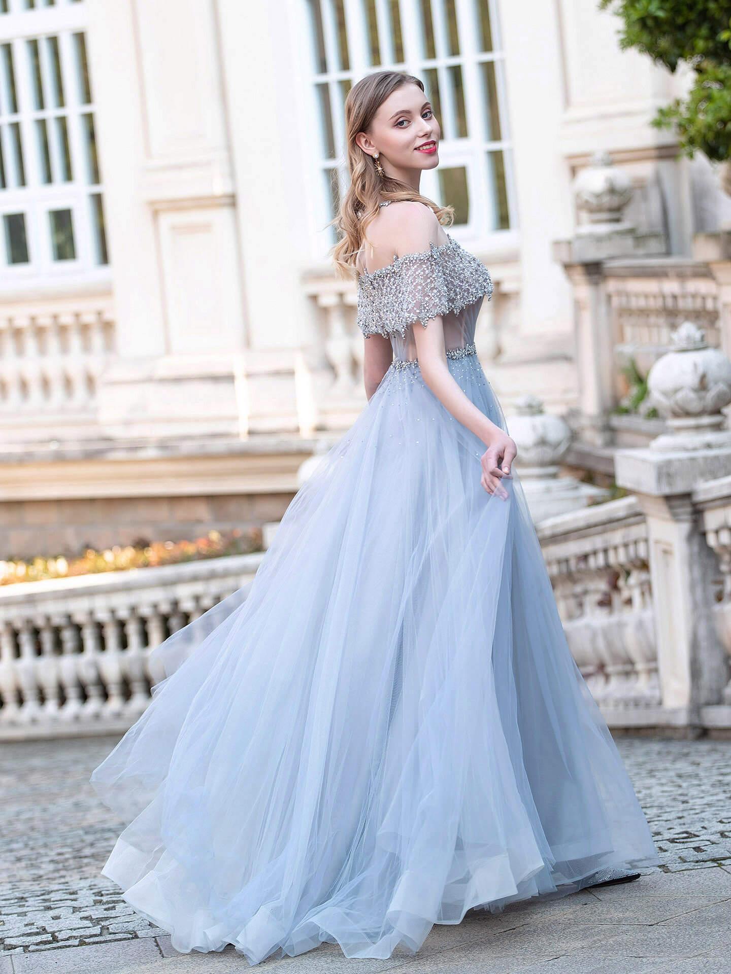 Robes de soirée formelles de mode luxueuses en tulle perlées coupe en A, manches courtes, longueur au sol, robes de bal
