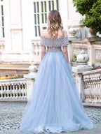Robes de soirée formelles de mode luxueuses en tulle perlées coupe en A, manches courtes, longueur au sol, robes de bal