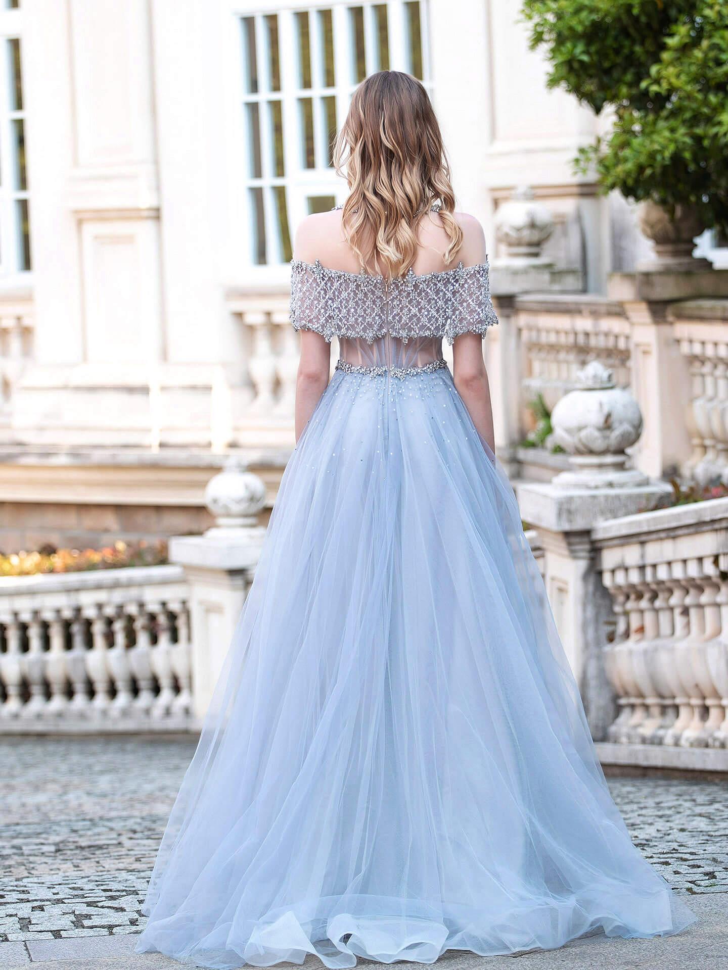 Robes de soirée formelles de mode luxueuses en tulle perlées coupe en A, manches courtes, longueur au sol, robes de bal