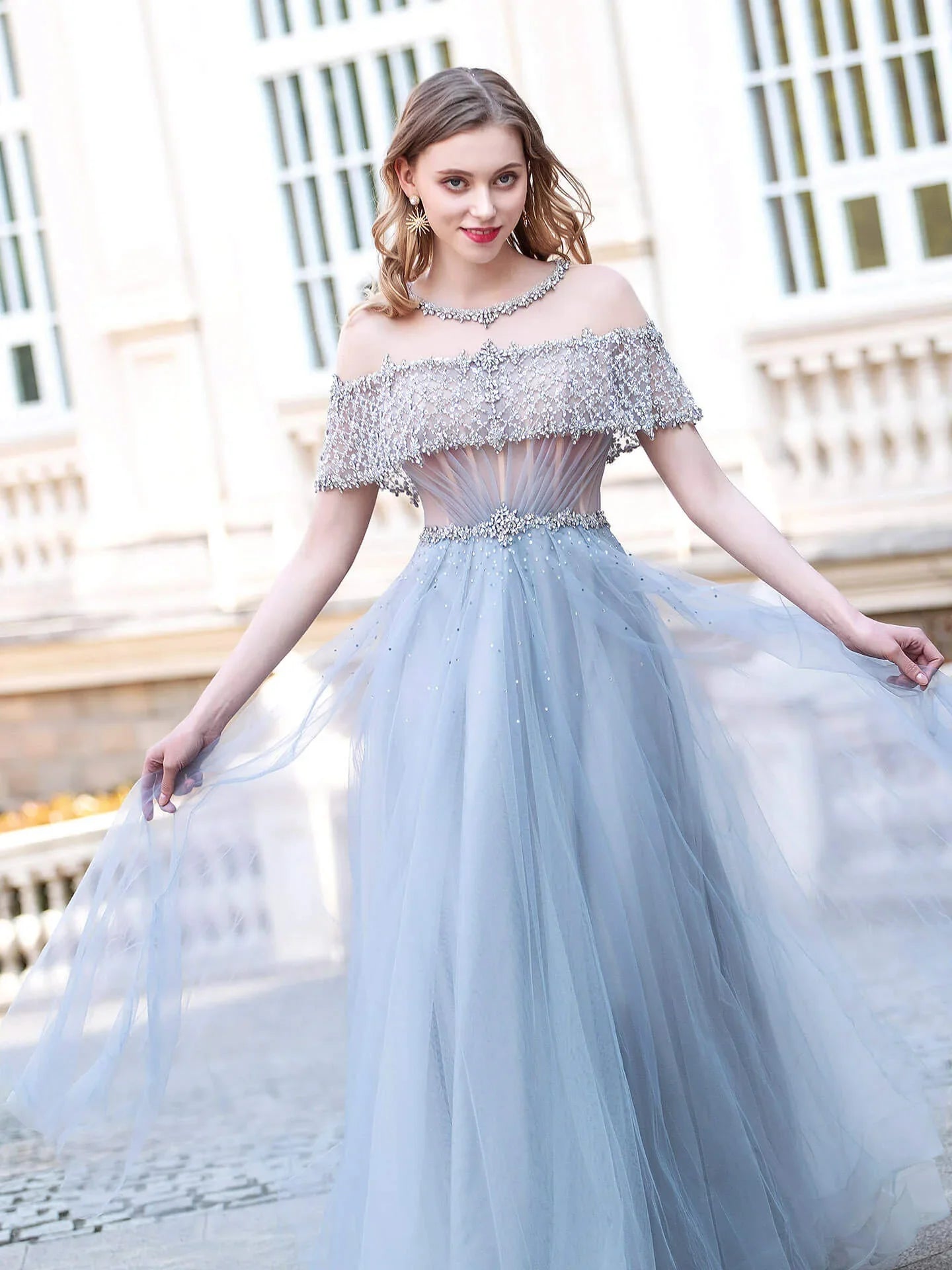 Robes de soirée formelles de mode luxueuses en tulle perlées coupe en A, manches courtes, longueur au sol, robes de bal