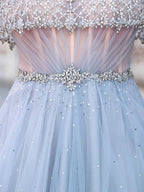 Robes de soirée formelles de mode luxueuses en tulle perlées coupe en A, manches courtes, longueur au sol, robes de bal