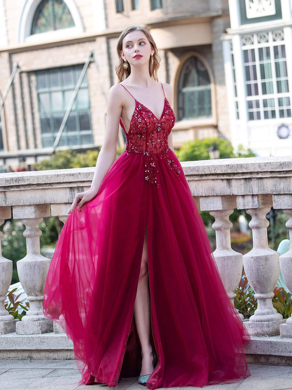 Robes de soirée formelles luxueuses et sexy en ligne A, bretelles spaghetti, sans manches, fendue, longueur au sol, robes de bal
