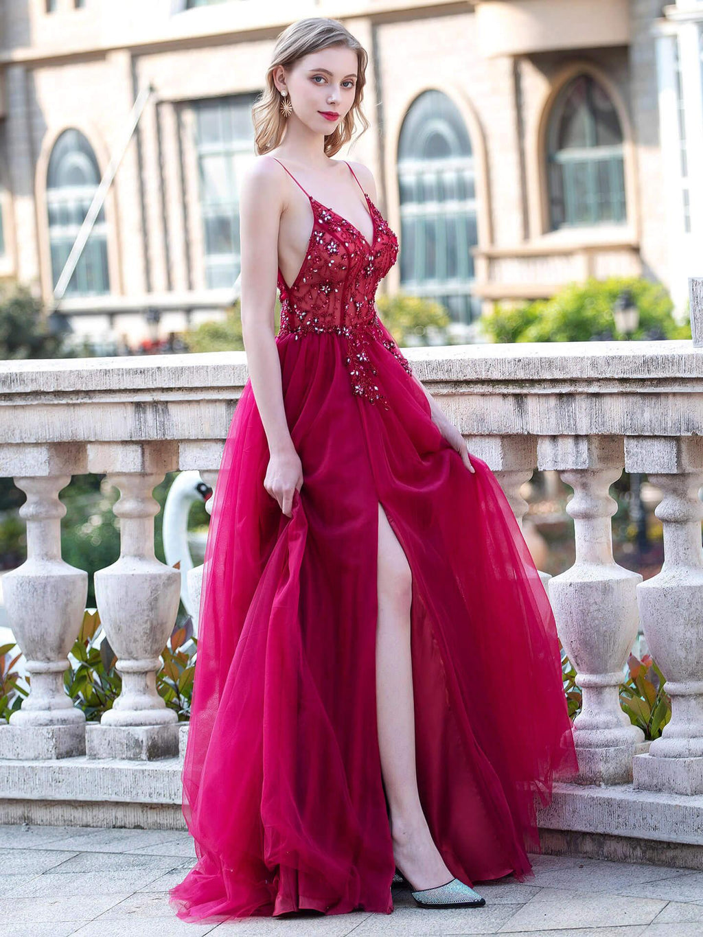 Robes de soirée formelles luxueuses et sexy en ligne A, bretelles spaghetti, sans manches, fendue, longueur au sol, robes de bal