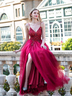 Robes de soirée formelles luxueuses et sexy en ligne A, bretelles spaghetti, sans manches, fendue, longueur au sol, robes de bal