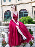 Robes de soirée formelles luxueuses et sexy en ligne A, bretelles spaghetti, sans manches, fendue, longueur au sol, robes de bal