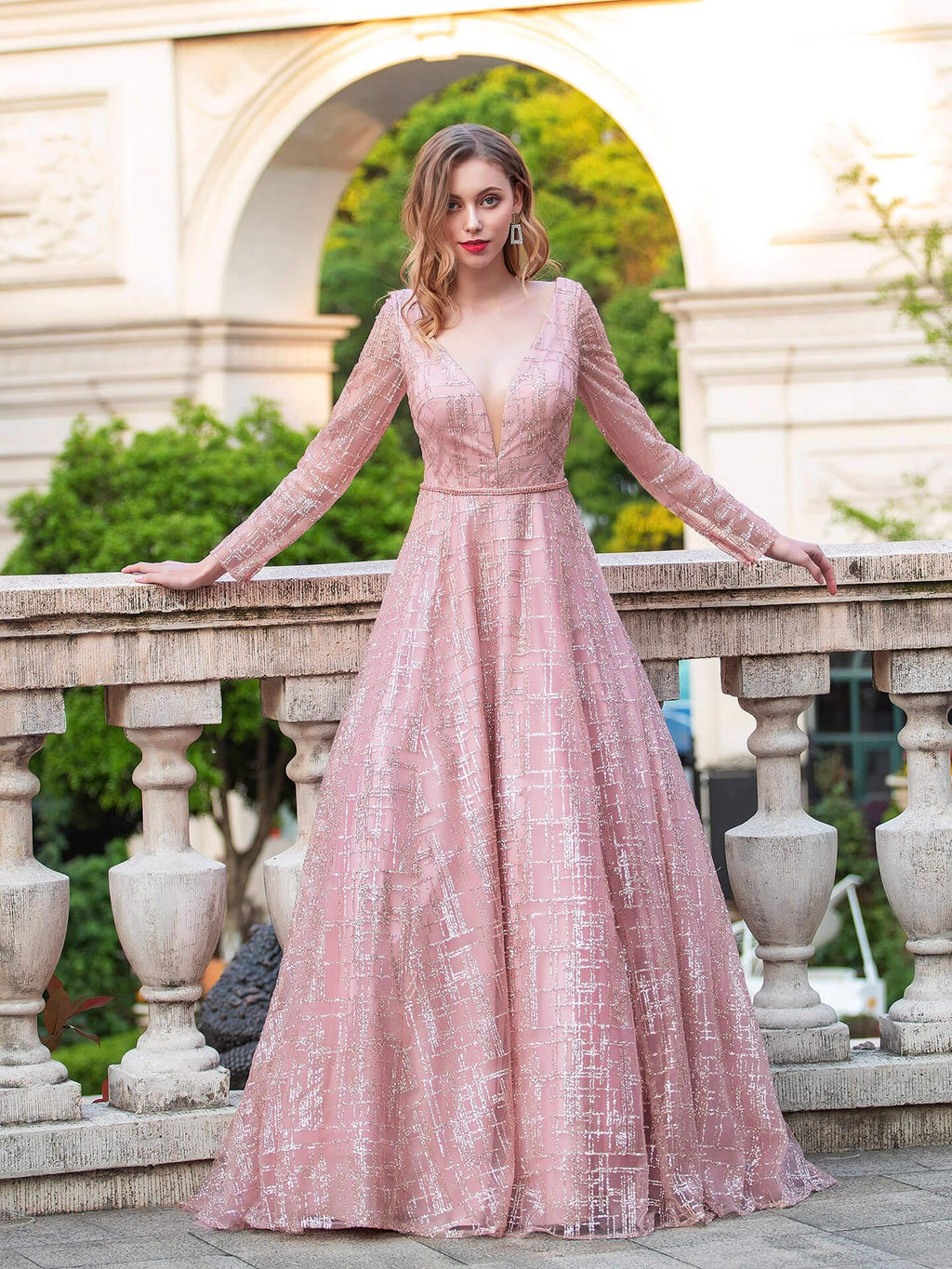 Robes de soirée formelles luxueuses à encolure en V, coupe trapèze, manches longues, longueur au sol, robes de bal