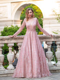 Robes de soirée formelles luxueuses à encolure en V, coupe trapèze, manches longues, longueur au sol, robes de bal