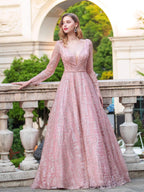 Robes de soirée formelles luxueuses à encolure en V, coupe trapèze, manches longues, longueur au sol, robes de bal