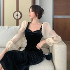Abito in velluto nero elegante invernale con scollo a V, cuciture a vista, vita alta retrò e maniche a sbuffo, abito da sera femminile Y5673