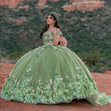 Robes de quinceañera vert sauge clair Robe de bal florale pour concours Sweet 16 Y2063