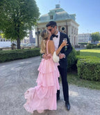 Abito da sera rosa a balze a linea ad A per donna, abito da ballo rosa senza schienale Y4532