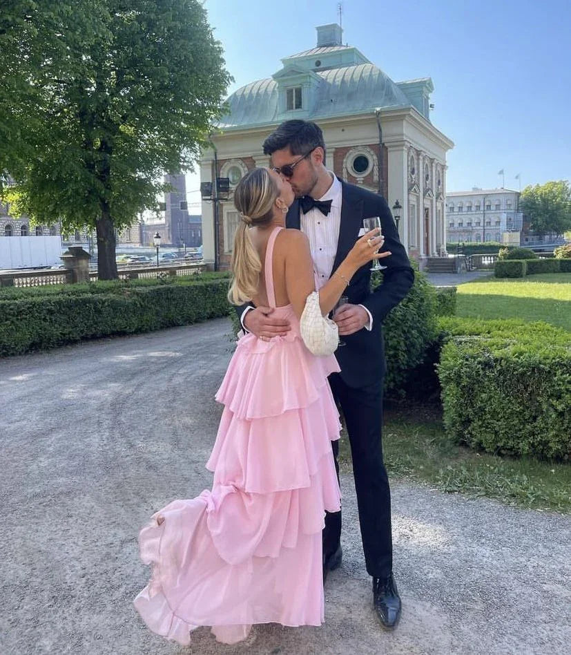Abito da sera rosa a balze a linea ad A per donna, abito da ballo rosa senza schienale Y4532