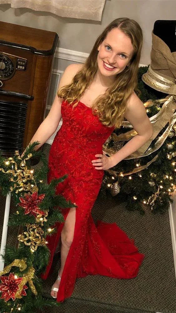 Vestido de baile vermelho de tule com renda e sem alças, vestido de noite vermelho elegante Y1731