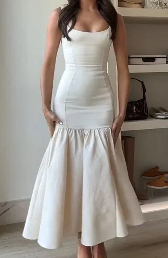 Pretty Ivory Mermaid Party Dress Long Satin Prom Evening Dress Y8014