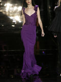Abito da sera lungo sirena in raso viola grazioso Vestito da ballo Y8217