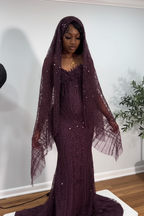 Crimson Ruby Heiress Mermaid Gown With Hand Beaded Crystal Encrusted Hooded Veil