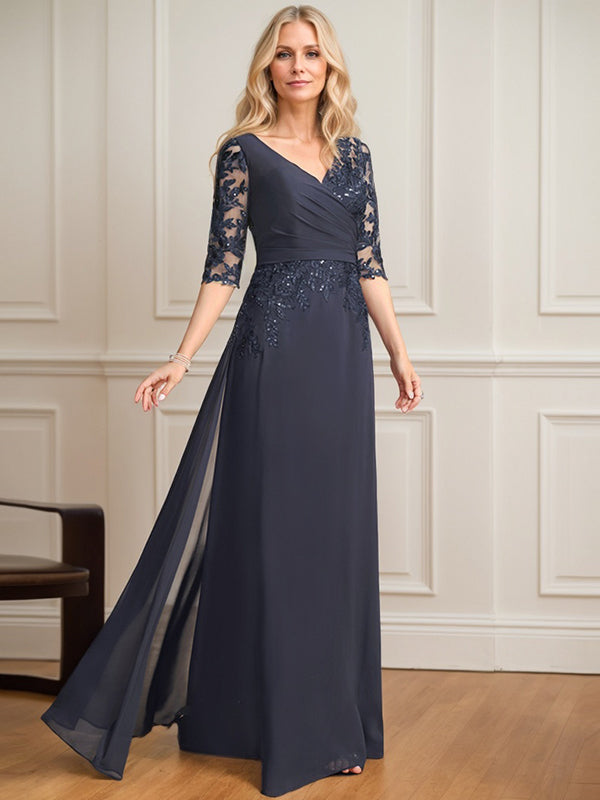 A-Linie, V-Ausschnitt, bodenlanges Spitzen-Chiffon-Kleid für die Brautmutter mit plissierten Pailletten 