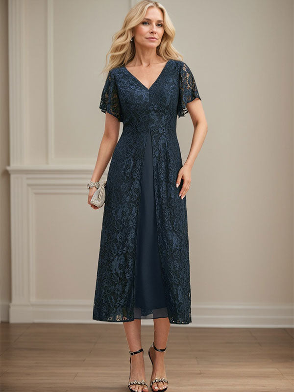 A-Linie V-Ausschnitt Wadenlanges Chiffon-Kleid für die Brautmutter 