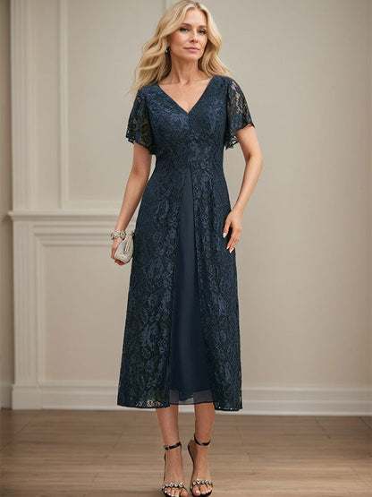 A-Linie V-Ausschnitt Wadenlanges Chiffon-Kleid für die Brautmutter 