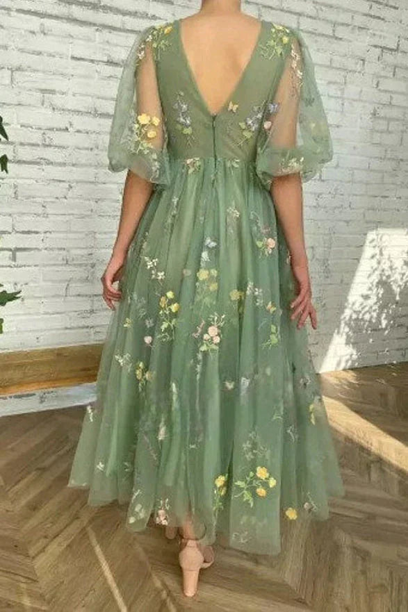 Vestidos Curtos de Baile com Decote em V Verde, Mangas Curtas, Comprimento ao Tornozelo, Tule Floral