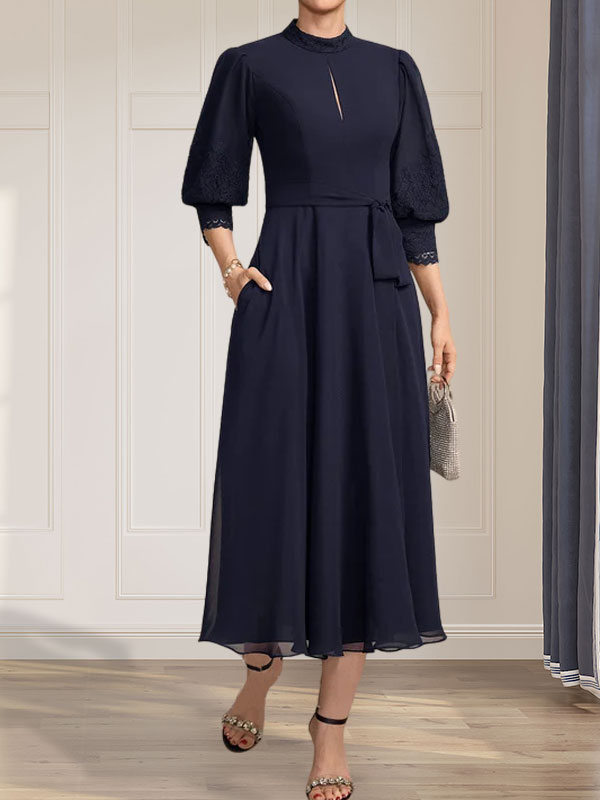 Abito da madre della sposa in chiffon di pizzo, linea a trapezio, collo alto, lunghezza al tè, con fiocco