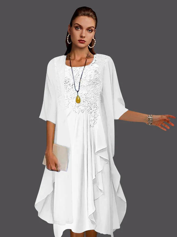 Vestidos de dos piezas con chaqueta sin mangas de encaje de gasa en línea A con pliegues y apliques