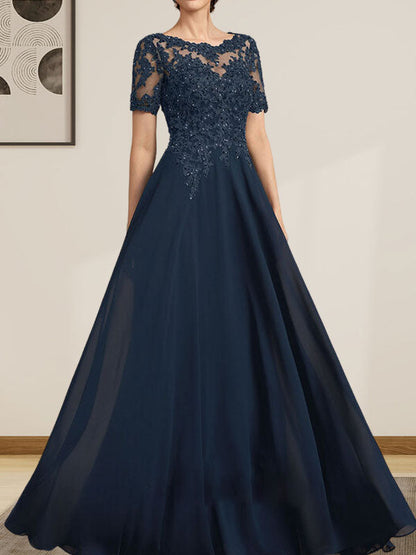 A-Linie U-Ausschnitt Illusion Bodenlang Chiffon Spitze Mutter der Braut Kleid mit Pailletten Perlen
