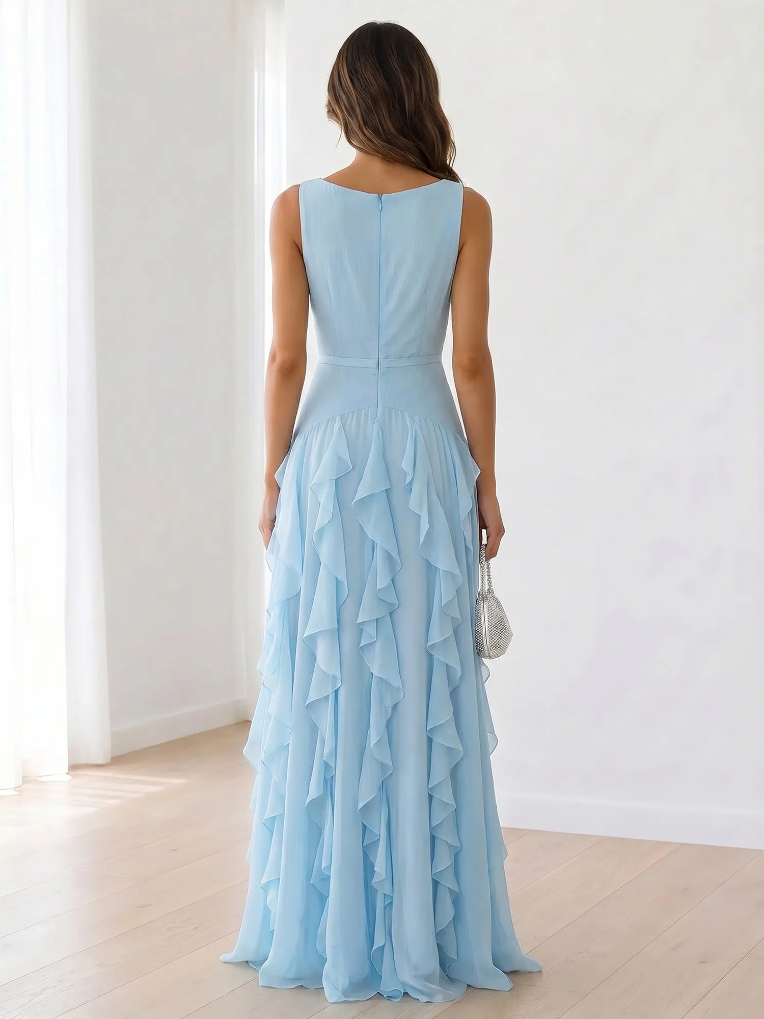 Sleeveless Tiered Chiffon Maxi Evening Gown with Ruched Bodice - view 2