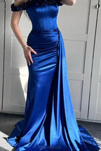 Abito da sera sirena blu con spalle scoperte, abito formale per ballo Y7842