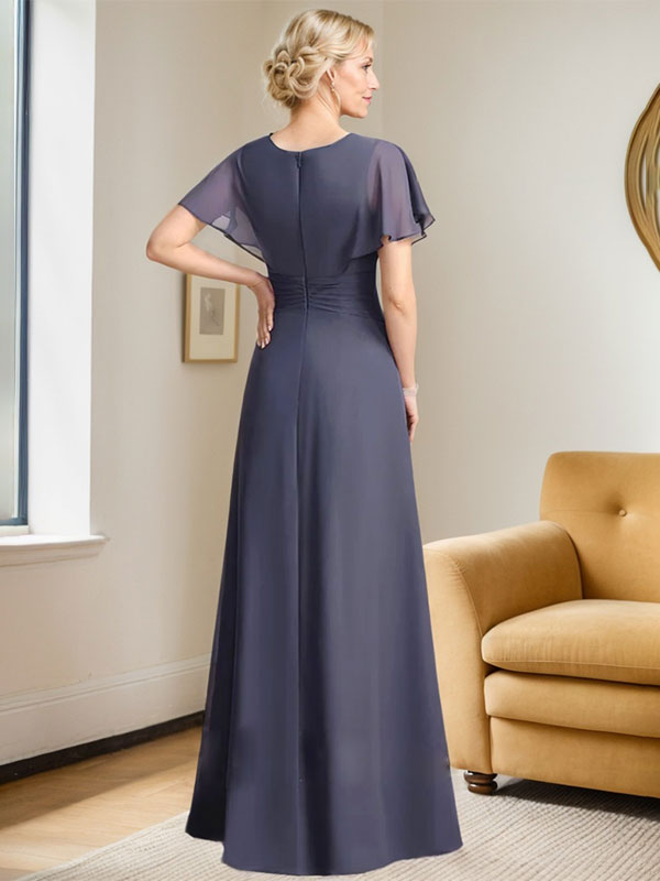 Robe de mère de la mariée en mousseline, longueur au sol, en ligne A, décolleté arrondi, ornée de perles plissées