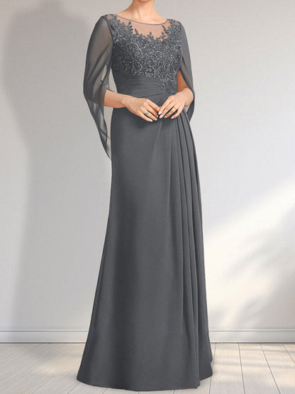 A-Linie, U-Ausschnitt, Illusion, bodenlanges Chiffon-Kleid für die Brautmutter mit plissierten Pailletten