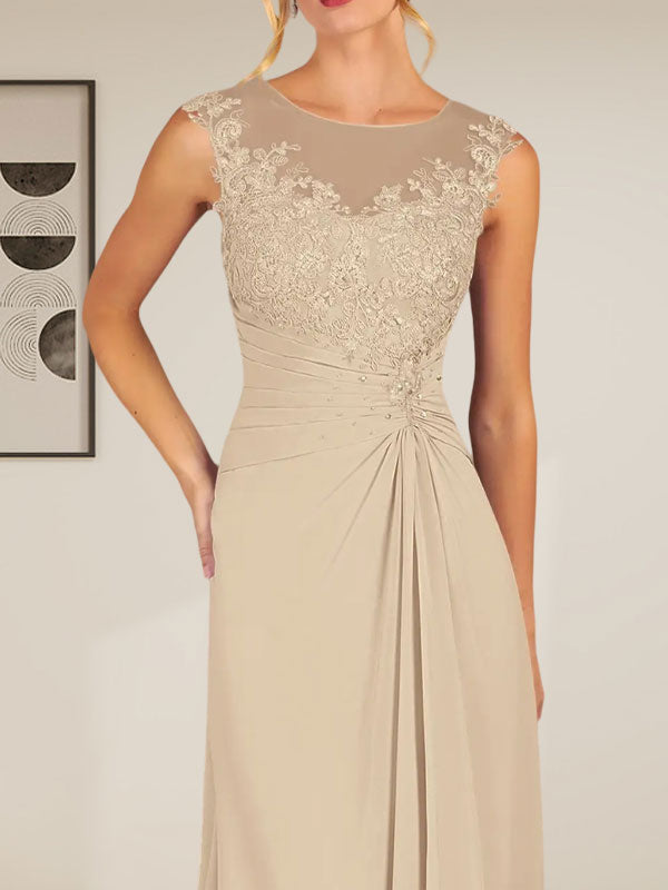 Champagne A-Line Scoop Lace Chiffon Dress