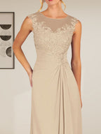 Champagne A-Line Scoop Lace Chiffon Dress