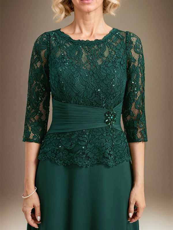 A-line Scoop Illusion Floor-Length Chiffon Lace Mother of the Bride Dress With Pleated Sequins Beading