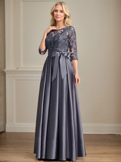A-Linie, U-Ausschnitt, Illusion, bodenlanges Satin-Spitzenkleid für die Brautmutter mit Paillettenschleife 