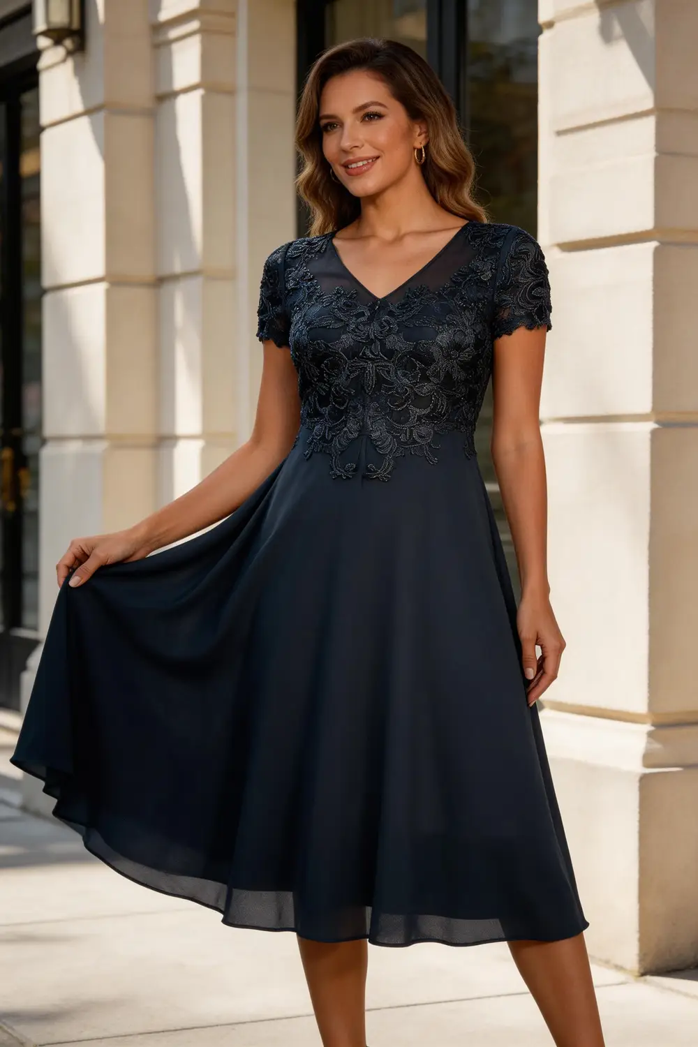 Elegant Plum Purple Lace Chiffon Tea-Length Mother of the Bride Dress by tangjianjun