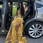 Luxurious Satin Beaded Feathers Evening Gown Long Slit Prom Dress Y7948