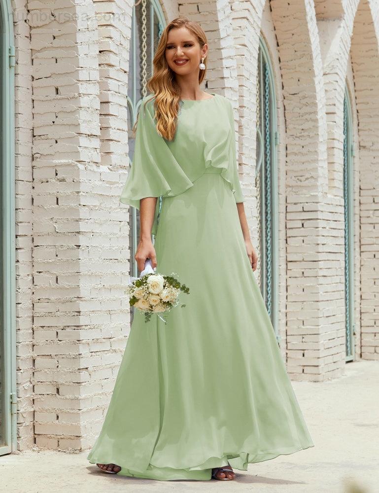 Abito da Damigella Donna Manica Lunga Scollatura a V Chiffon Abito da Cerimonia Matrimonio Festa 28018