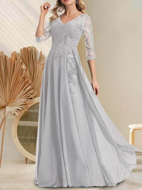 A-Linie V-Ausschnitt Bodenlanges Spitzen-Chiffon-Kleid für die Brautmutter mit Pailletten