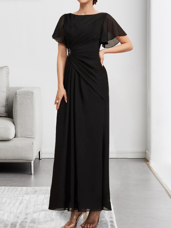 Robe de mère de la mariée en mousseline, longueur cheville, en ligne A, encolure dégagée, ornée de perles et plissée