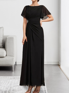 Robe de mère de la mariée en mousseline, longueur cheville, en ligne A, encolure dégagée, ornée de perles et plissée