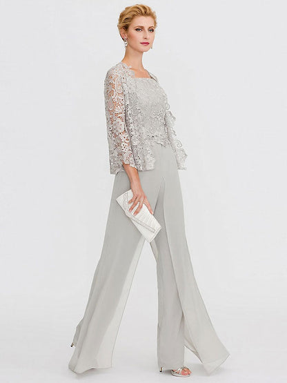 3 Piece Chiffon Square Neck Mother of the Bride Pantsuits with Jacket