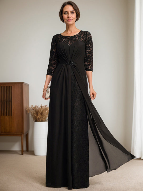 A-Linie U-Ausschnitt Illusion Bodenlang Spitzen Chiffon Mutter der Braut Kleid mit Perlenbesatz Rüschen 