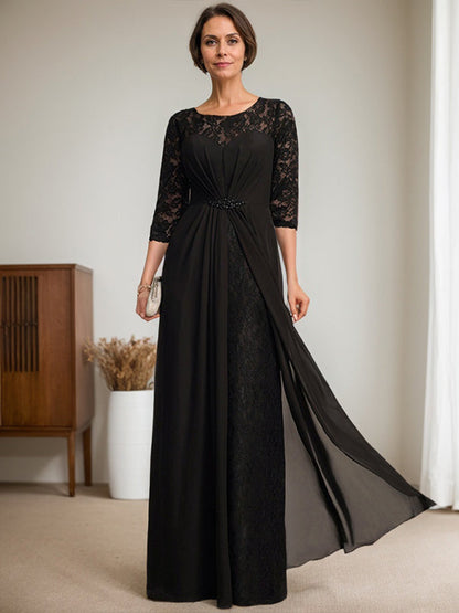 A-Linie U-Ausschnitt Illusion Bodenlang Spitzen Chiffon Mutter der Braut Kleid mit Perlenbesatz Rüschen 