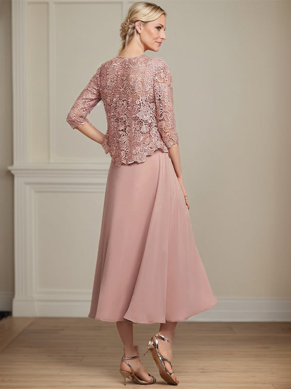 A-Linie Quadratisches Wadenlanges Chiffon-Spitzenkleid für die Brautmutter mit Pailletten und Perlen 
