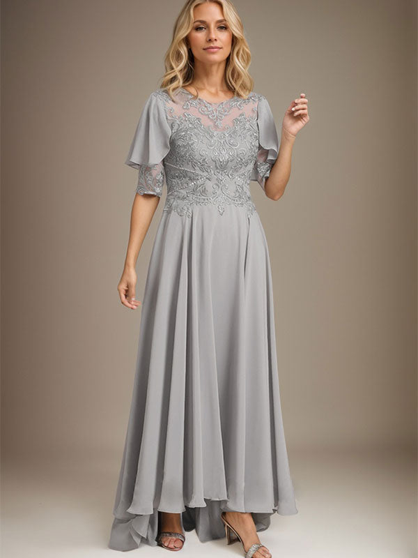 Robe de mère de la mariée en mousseline et dentelle asymétrique à encolure dégagée en ligne A avec perles