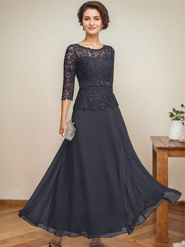 Robe de mère de la mariée en dentelle en mousseline, longueur cheville, coupe trapèze, décolleté illusion en forme de goutte, ornée de perles en strass