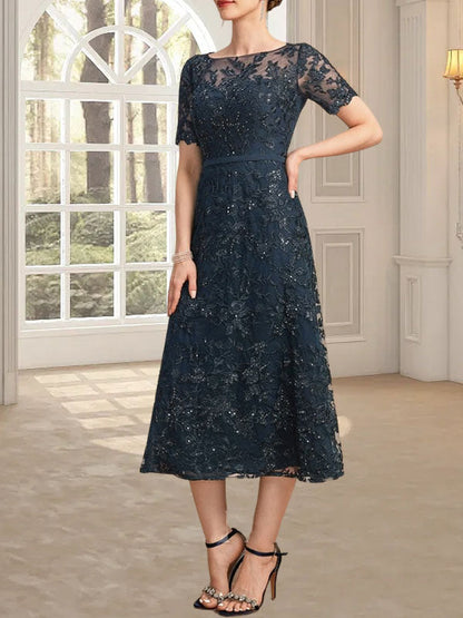A-Linie, U-Ausschnitt, Illusion, knielang, Spitze, Kleid für die Brautmutter mit Pailletten