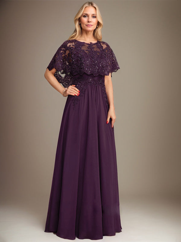Abito da madre della sposa in chiffon di pizzo con scollo a barca, linea a trapezio, lunghezza fino al pavimento, con applicazioni di paillettes