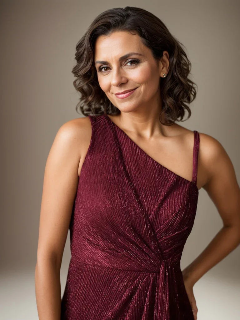 فستان روبي بكتف واحد من شبكة معدنية فستان والدة العروس